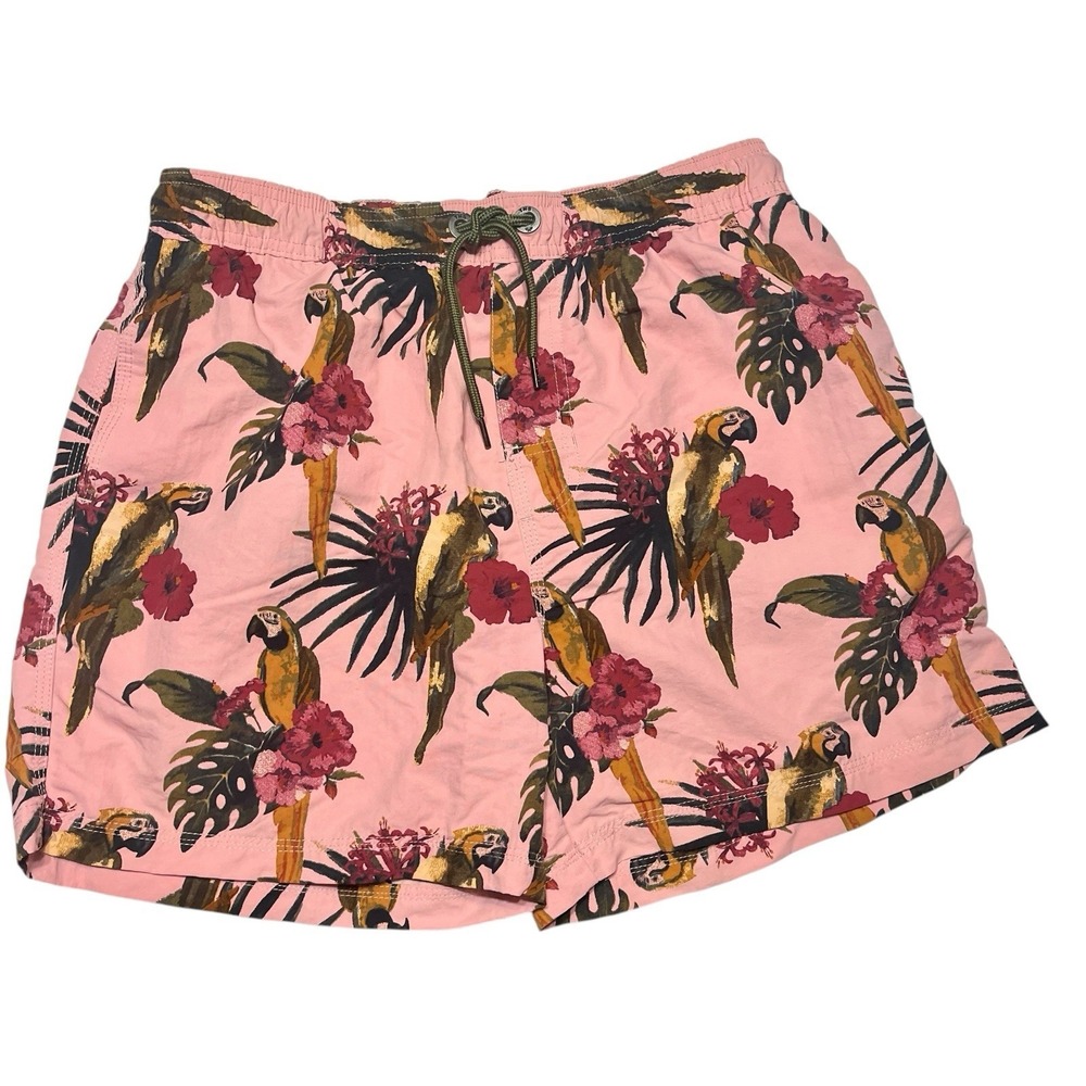 TNS Tennis Swim Shorts Men's XL Pink Parrots Floral Beach Drawstring 5" Inseam